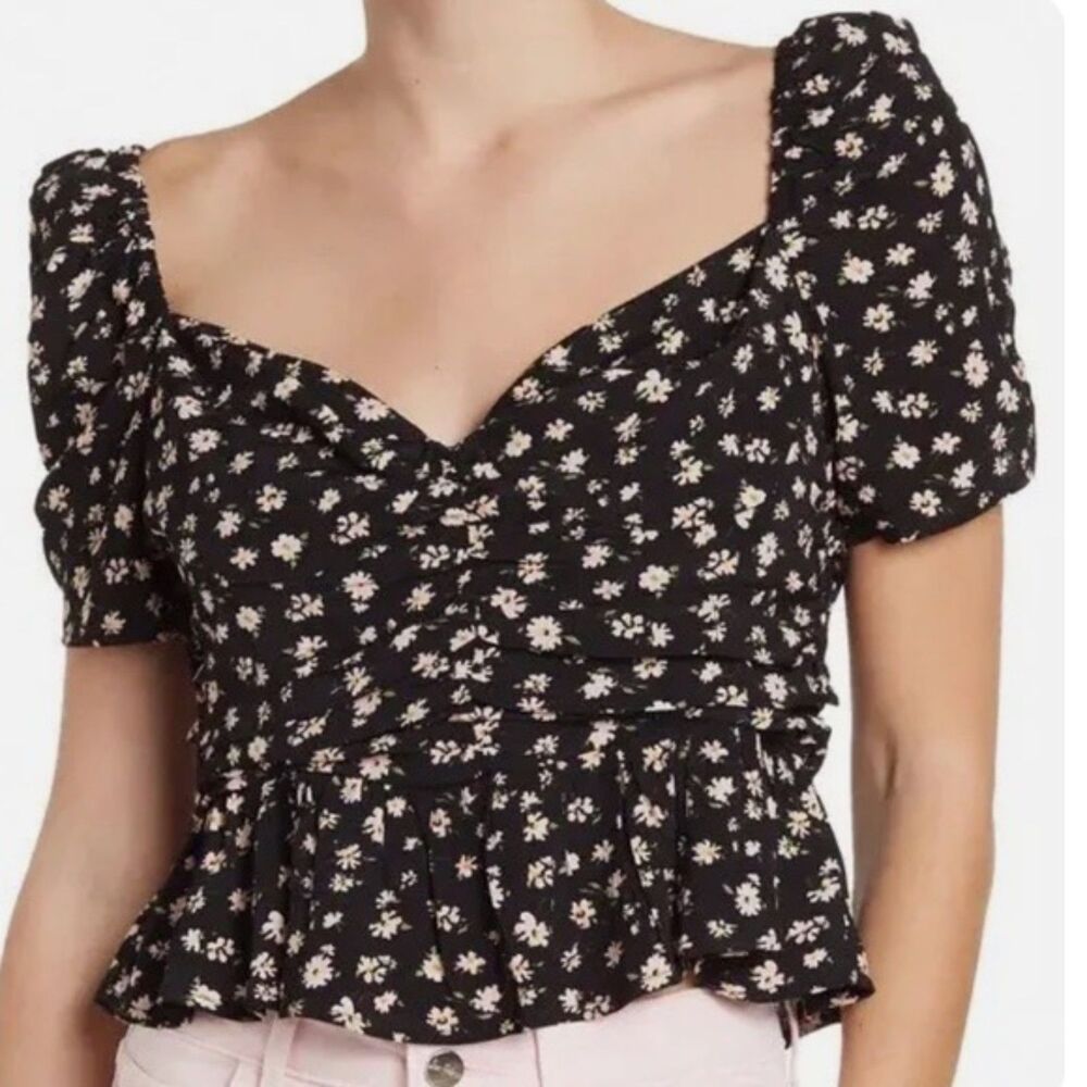 ASTR the Label Black Floral Sweetheart Ruched Puff Sleeve Top | Size S